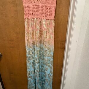 3. Rhea Bohemian Pink and Blue Maxi Dress